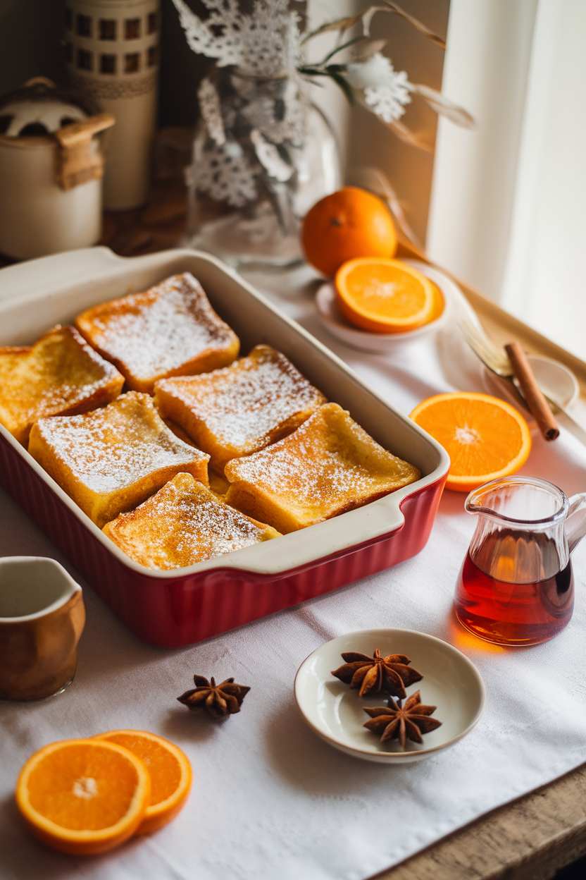 Photo of a warmly lit indoor breakfast table featuring a casserole dish filled with golden eggnog-soaked French toast squares dusted with powdered sugar, a small pitcher of maple syrup nearby. No text or logos visible.