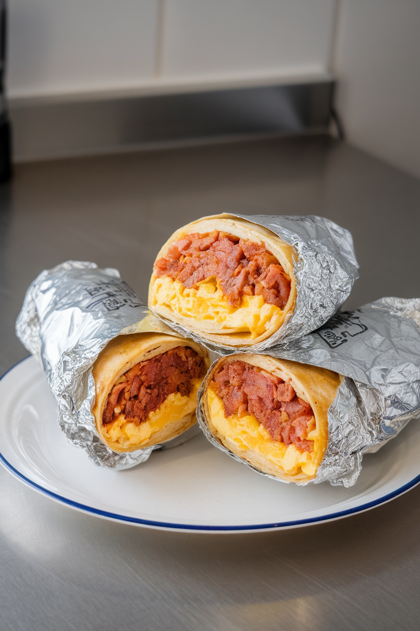 An indoor countertop with foil-wrapped breakfast burritos cut in half, revealing chorizo, scrambled eggs, and roasted potatoes. No text or logos. Photo, not illustration.