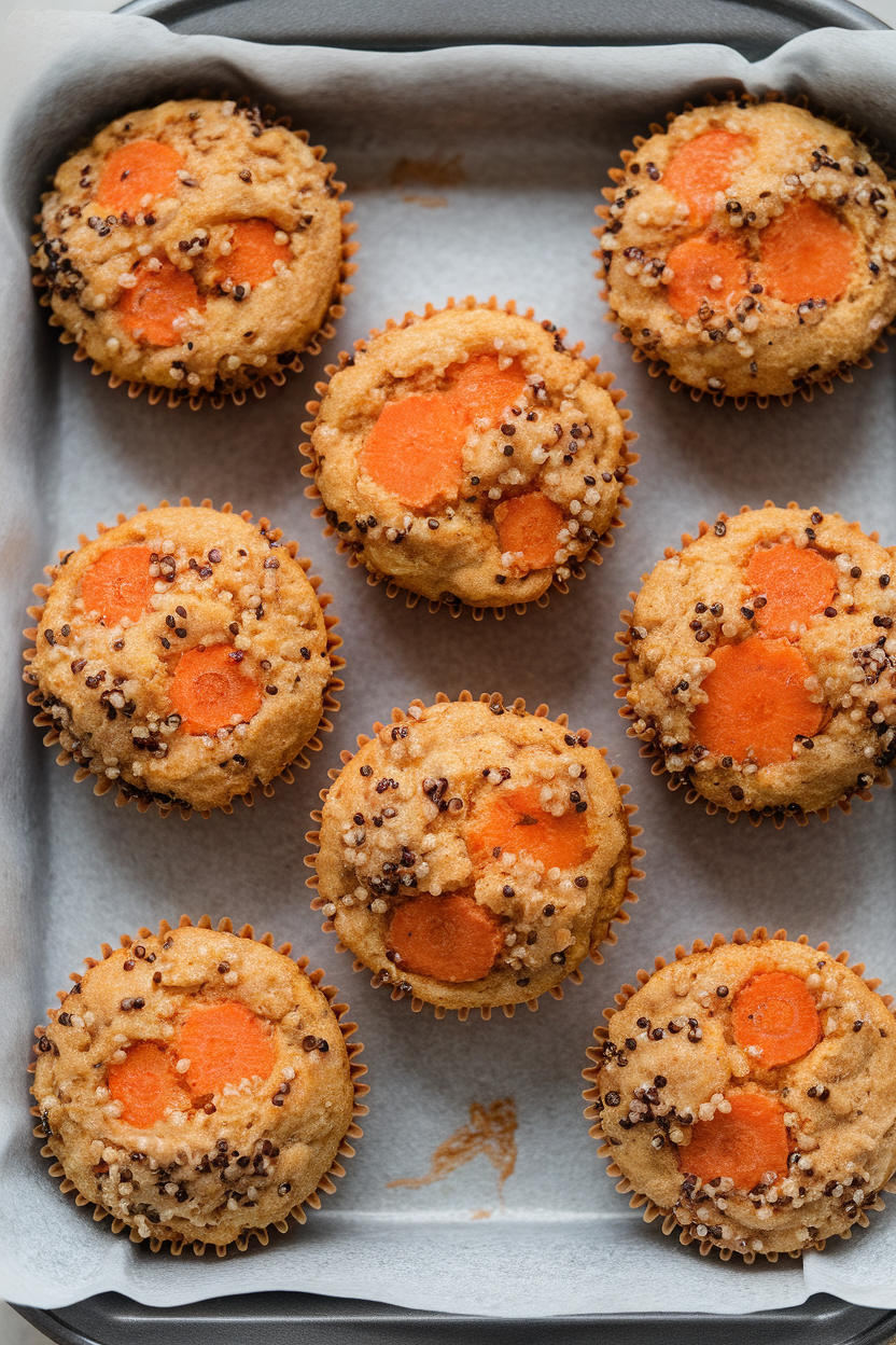 Indoor photo of carrot muffins with quinoa grains visible, on baking parchment, no text or logos