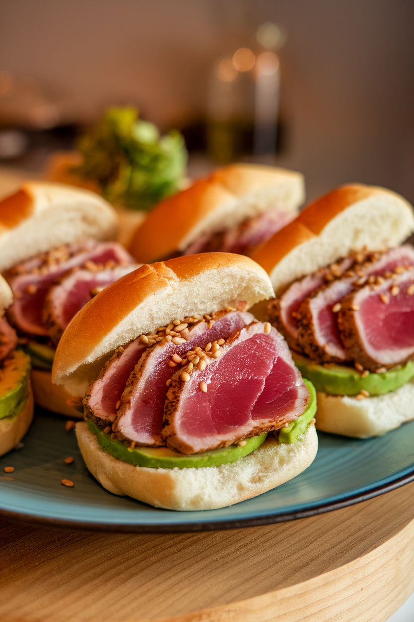 Indoor plate of small brioche buns stuffed with fully seared tuna steaks, avocado slices, and spicy mayo; warm lighting, no text or logos