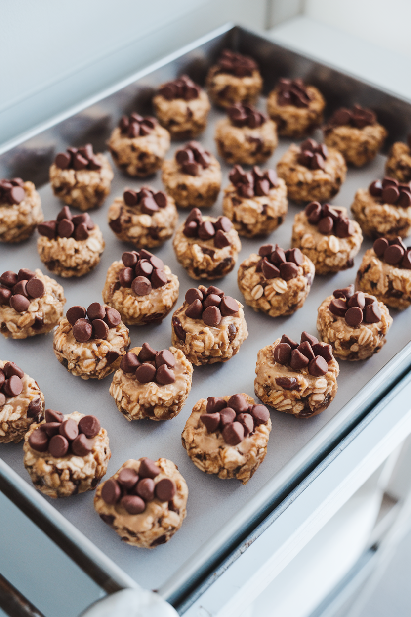 An indoor snack tray featuring small round bites made from oats, nut butter, and chocolate chips, arranged neatly. No logos or text present.