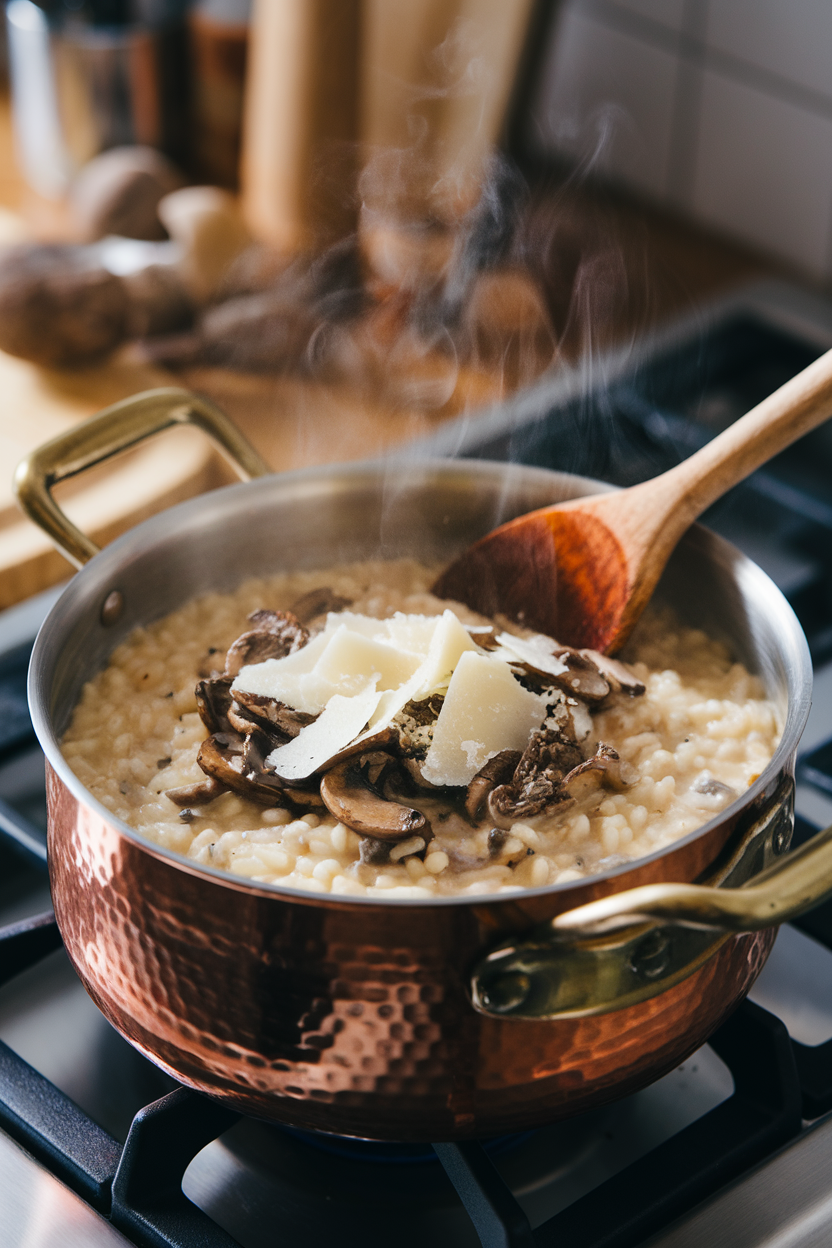 An indoor stovetop scene showing a copper pot of creamy mushroom risotto being stirred with a wooden spoon, steam rising, topped with a drizzle of truffle oil and shaved Parmesan. No text or logos visible.
