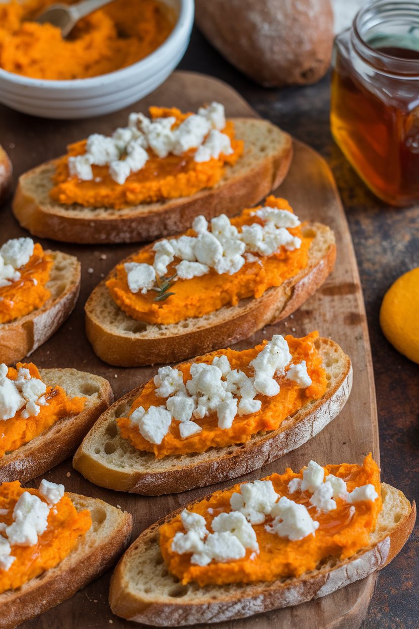 An indoor appetizer spread featuring toasted baguette slices topped with mashed orange sweet potato, goat cheese crumbles, and a drizzle of honey. No text or logos. Photo.