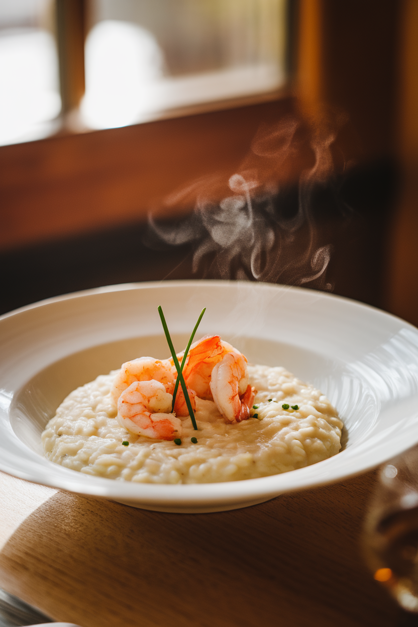 A warmly lit indoor dining table featuring a shallow white bowl of creamy champagne risotto topped with perfectly cooked pink shrimp and a sprinkle of chives. Steam gently rises from the dish; no text or logos visible anywhere in the scene. Photo, not an illustration.