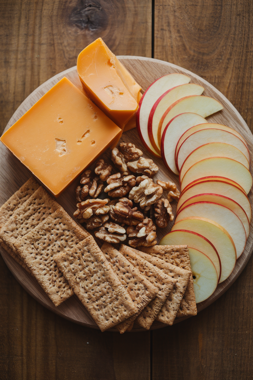 Indoor farmhouse photo of a board featuring aged cheddar blocks, thin apple slices, candied walnuts, and whole-grain crackers; no text or logos