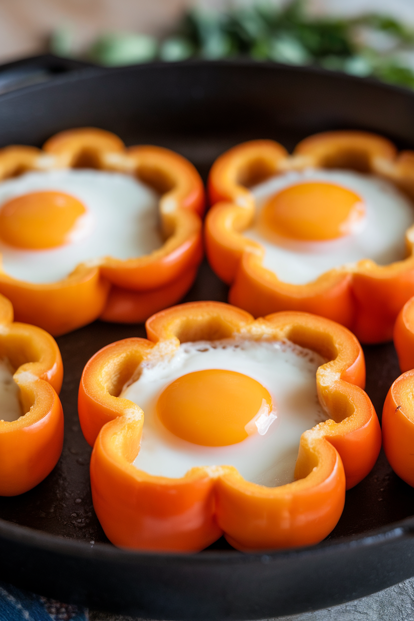 Indoor skillet shot of thick bell pepper rings each holding a sunny egg inside, yolks bright and glossy. No text or logos.