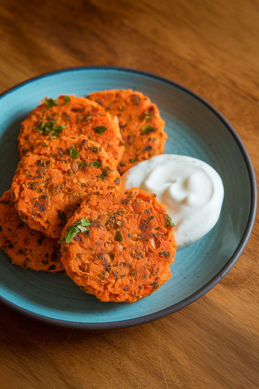 Indoor plate of small round carrot-lentil patties with visible flecks of cumin and coriander, served with a dollop of yogurt. Warm lighting; no text or logos visible.