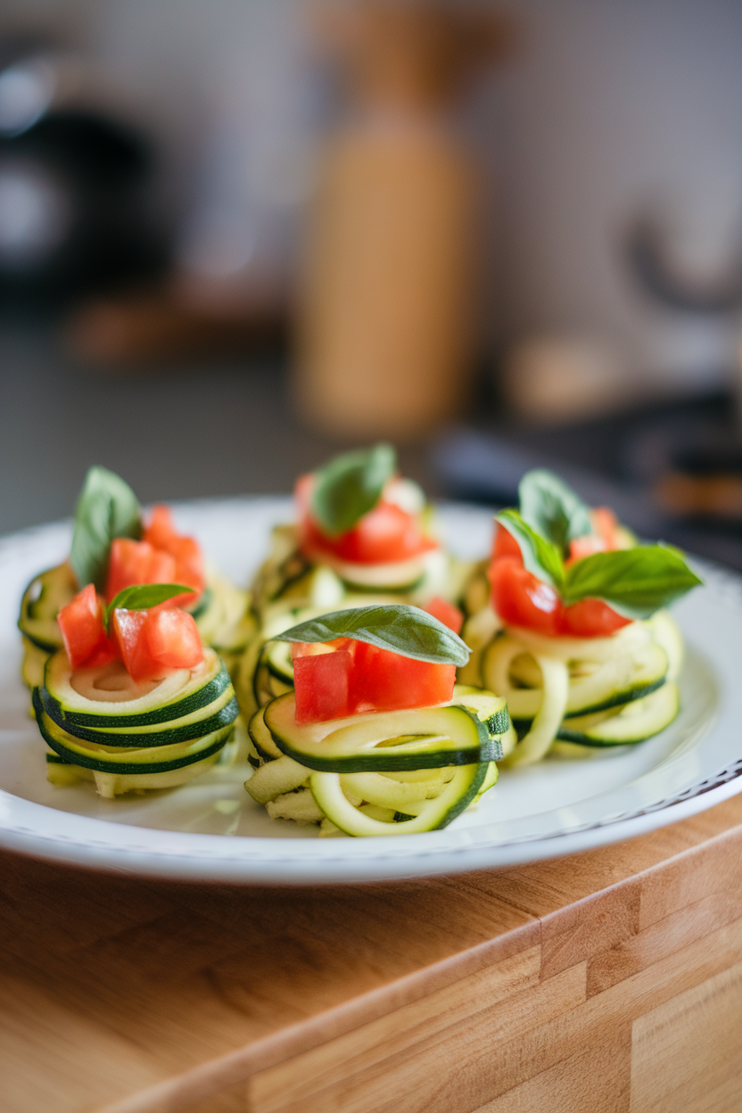 Indoor platter with small nests of spiralized zucchini, topped with diced tomato and basil. No text or logos.