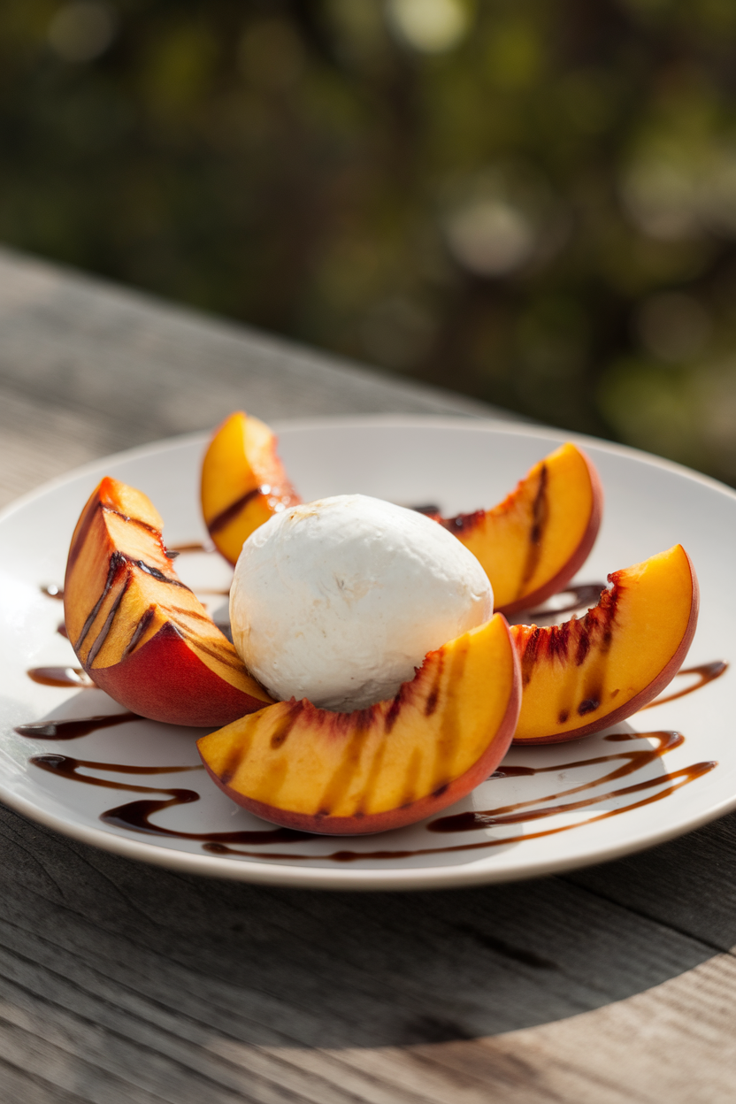 Indoor photo of lightly charred peach wedges alongside a small burrata ball on a white plate, drizzled with balsamic; side lighting, no text or logos