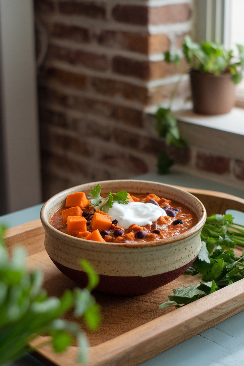 A ceramic bowl on an indoor table filled with chunky chili featuring sweet potato cubes, black beans, and a dollop of Greek yogurt. Photo, no text or logos.