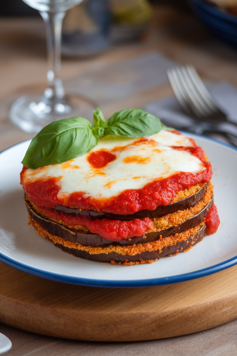 Indoor plate showing layered rounds of breaded eggplant, marinara, and melted mozzarella, basil leaf on top. No logos. Photo.