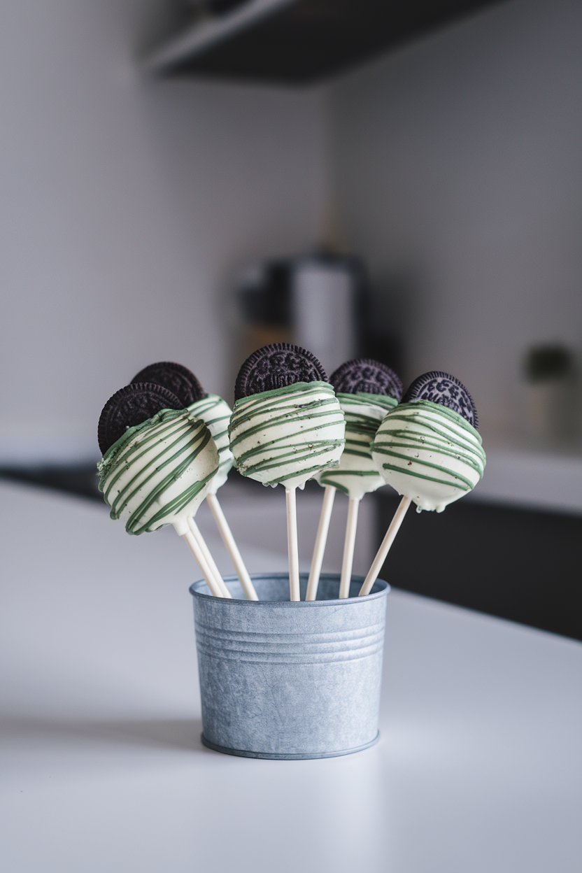 Photo, not illustration. Indoor modern kitchen counter. Dark cookie-crumb cake pops decorated with green mint drizzle and a mini Oreo piece, in a small metal pail. No text or logos.