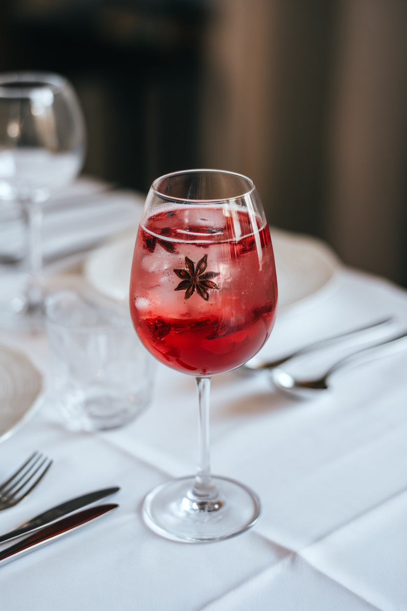 Indoor dining table featuring a wine glass of cranberry spiced spritzer, floating star anise, bubbles rising. Photo, no text or logos.