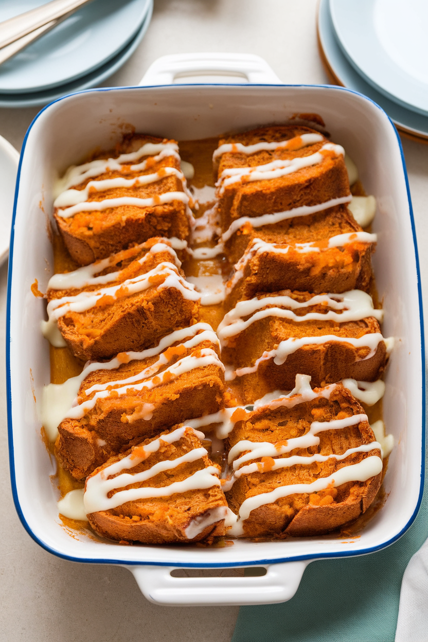Casserole dish indoors loaded with carrot cake-inspired French toast, creamy icing drizzle, orange flecks of carrot visible. No text or logos.