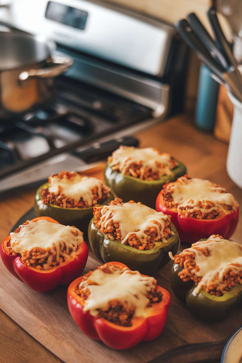 Indoor kitchen island with halved bell peppers baked and filled with seasoned rice, ground turkey, and melted cheese. No text or logos.