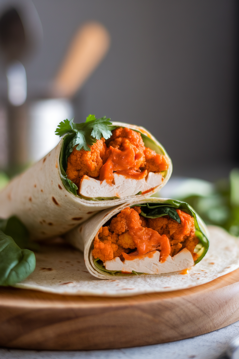 Tortilla wrap cut in half showing tempeh and buffalo-sauced cauliflower inside, indoor table, no text or logos.