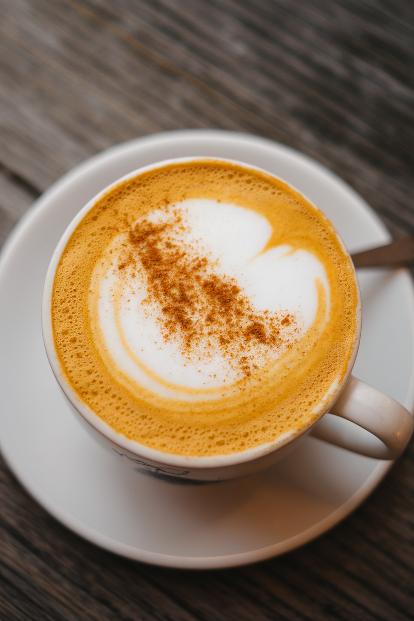 Indoor café-style mug of frothy turmeric latte sprinkled with cinnamon, shot from above. No text or logos on mug or saucer.