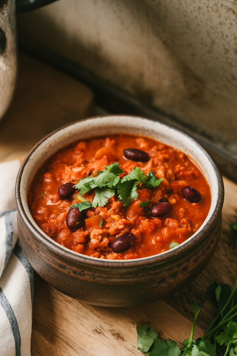 Indoor photo of a rustic ceramic bowl filled with tomato-based turkey chili, red kidney beans visible, topped with a sprinkle of chopped cilantro; warm overhead lighting, no text or logos.