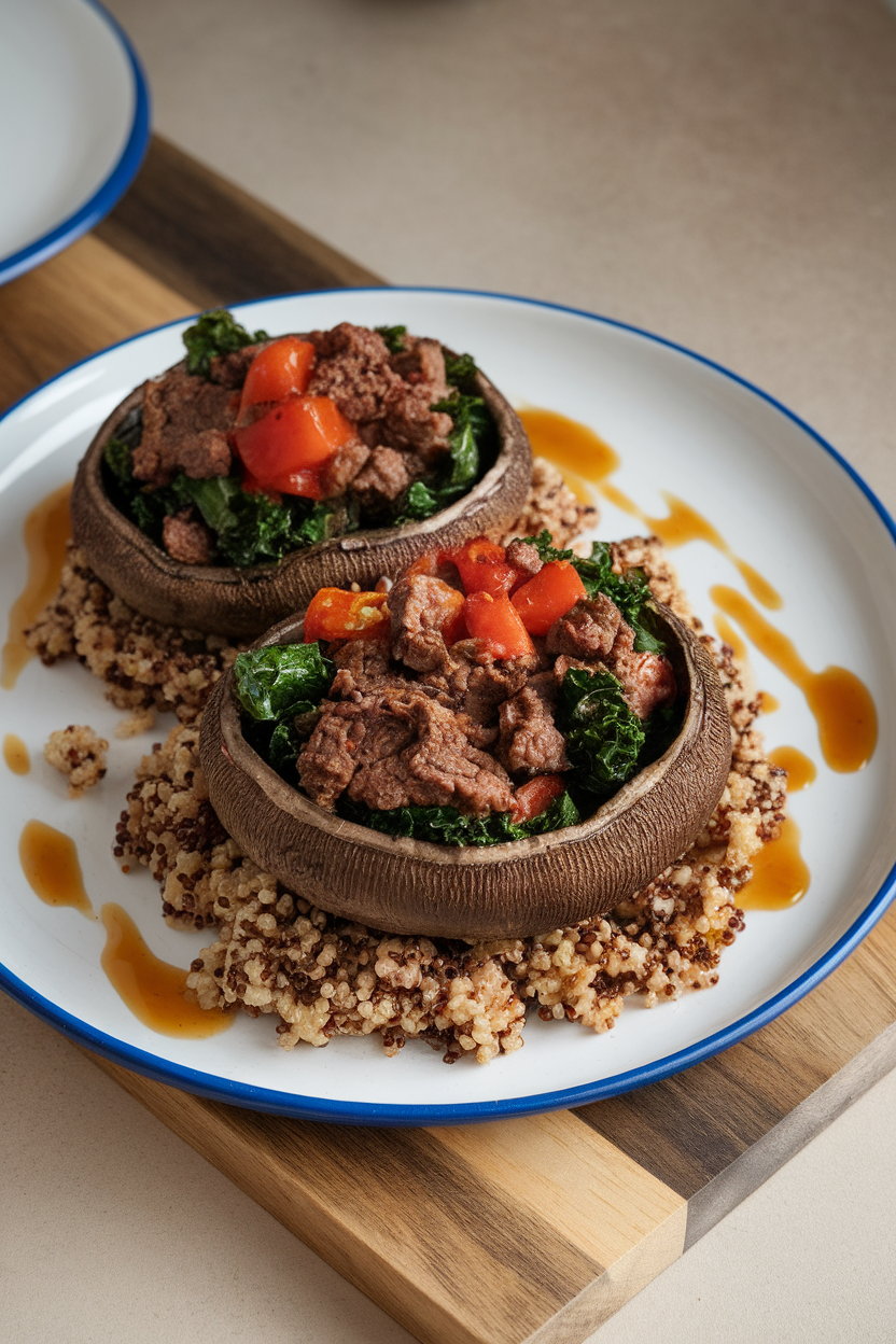 Indoor plate with large roasted portobello caps filled with beef, wilted kale, and tomato pieces—no text or logos.