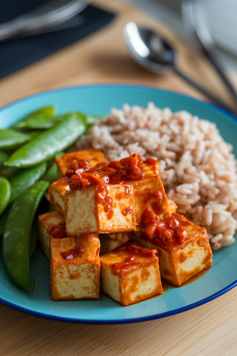 Indoor photo of cubed baked tofu glazed with chili sauce beside brown rice and snap peas; no text or logos
