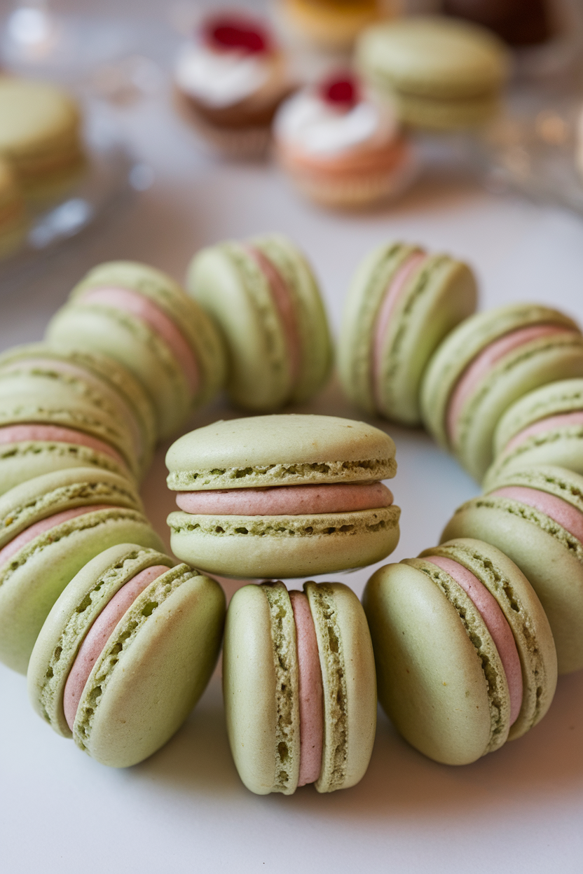 Indoor close-up of pale green pistachio macarons filled with rose-scented buttercream, arranged in a circle. Photo, no text or logos.