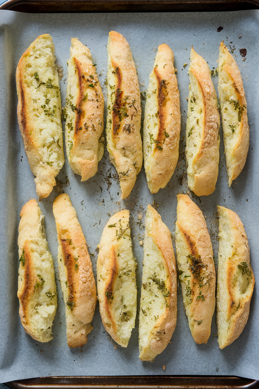 An indoor baking tray lined with parchment displaying cauliflower-based breadsticks, lightly browned edges, sprinkled with herbs. No text or logos. Photo only.