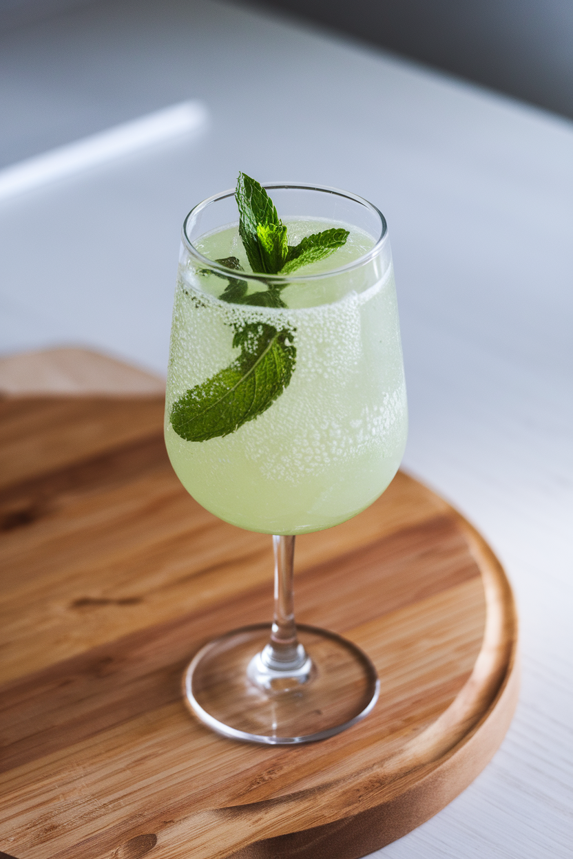 Indoor photo of stemless flute with pale green honeydew mocktail, mint leaf entangled inside bubbles; bright brunch lighting; no text or logos.