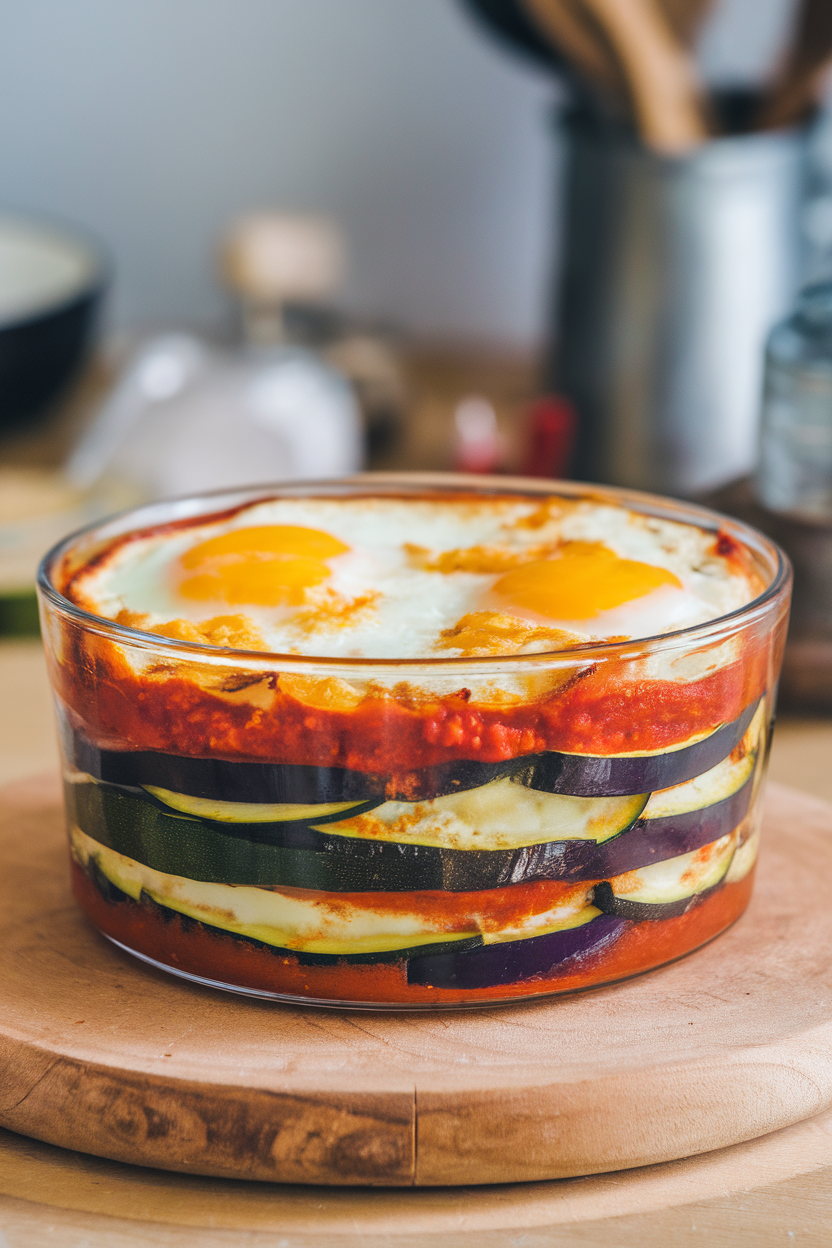 Indoor casserole dish filled with layered zucchini, eggplant, tomato sauce, and eggs baked on top. No text or logos.