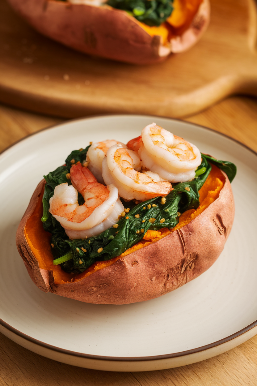 Indoor plate photo of halved baked sweet potato overflowing with garlic sautéed spinach and cooked shrimp; warm lighting, no text or logos.