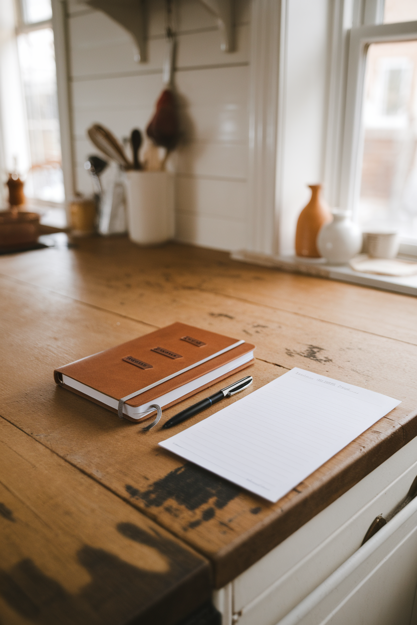 A weekly meal planner notebook, pen, and grocery list laid out on a kitchen table indoors; no text or logos; photo