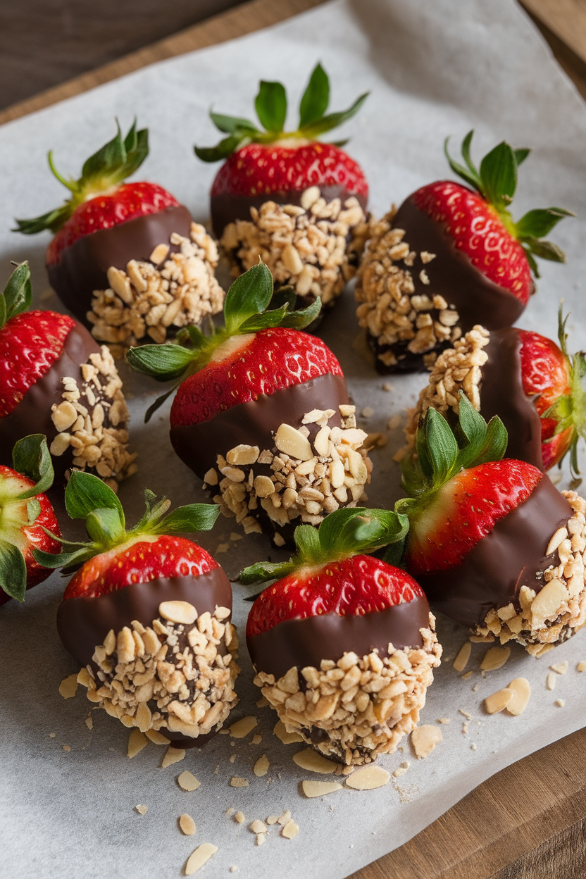 Indoor photo of fresh strawberries half-dipped in dark chocolate and rolled in crushed almonds on parchment; no text or logos.