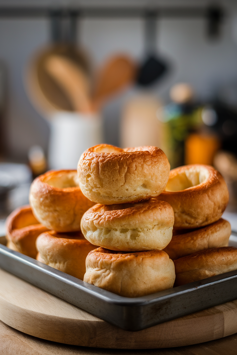 An indoor baking sheet stacked with puffy Yorkshire puddings, golden edges, photo, no text or logos.