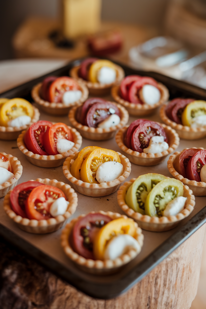 A tray of mini tart shells filled with colorful heirloom tomato slices and mozzarella, baked until edges brown, photographed indoors. No text or logos present.