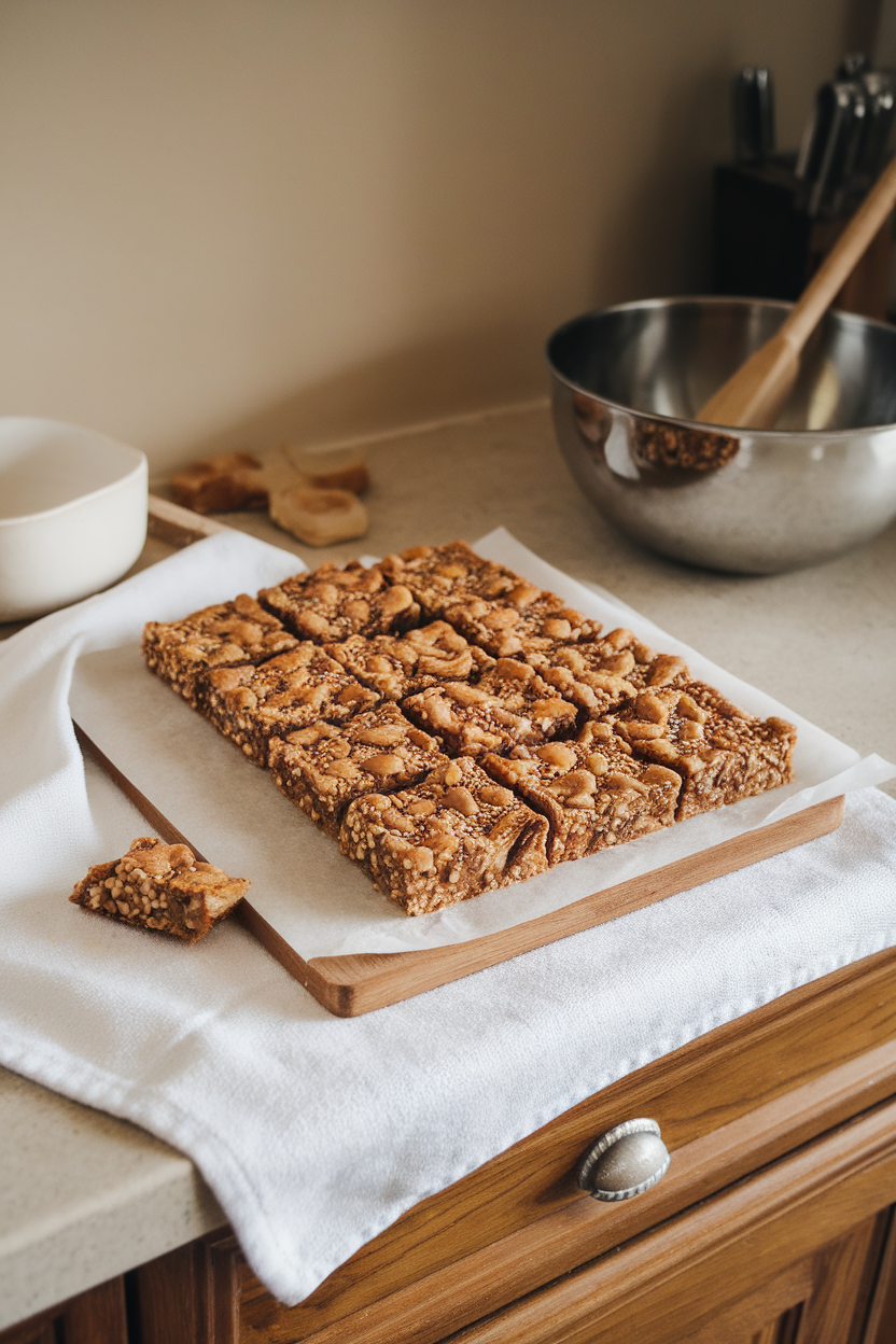 Photo prompt: Indoor kitchen counter with sesame-date cookie bars cut into squares, no branding.