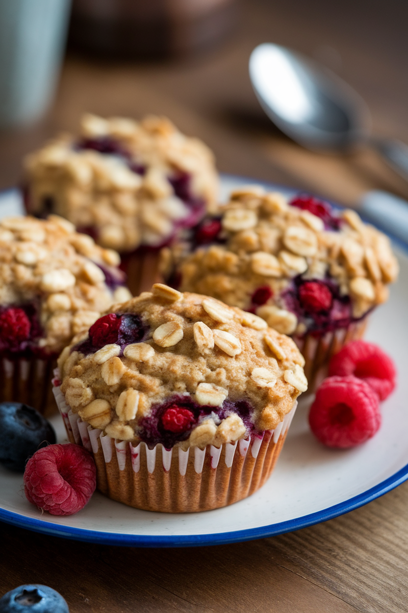 An indoor plate stacked with three berry banana oat muffins, bright berries visible inside. Photo, no text or logos.