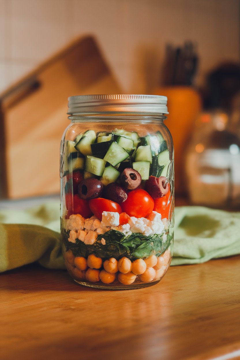 An indoor kitchen table holding a clear mason jar layered with diced cucumbers, cherry tomatoes, olives, chickpeas, spinach, and feta crumbles. No text or logos; photo only.