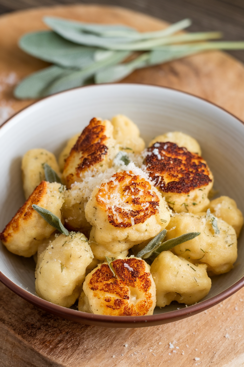 An indoor pasta bowl of browned cauliflower gnocchi tossed in sage-infused butter, Parmesan shavings on top. No text or logos present. Photo, not illustration.