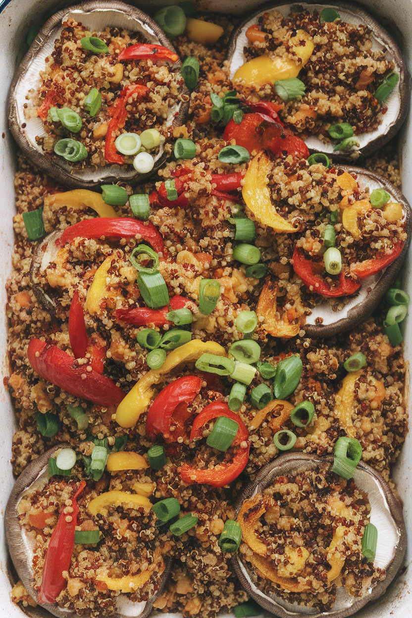 Indoor baking dish showcasing large cooked portobello caps overflowing with colorful quinoa mixture, overhead shot. No text or logos.