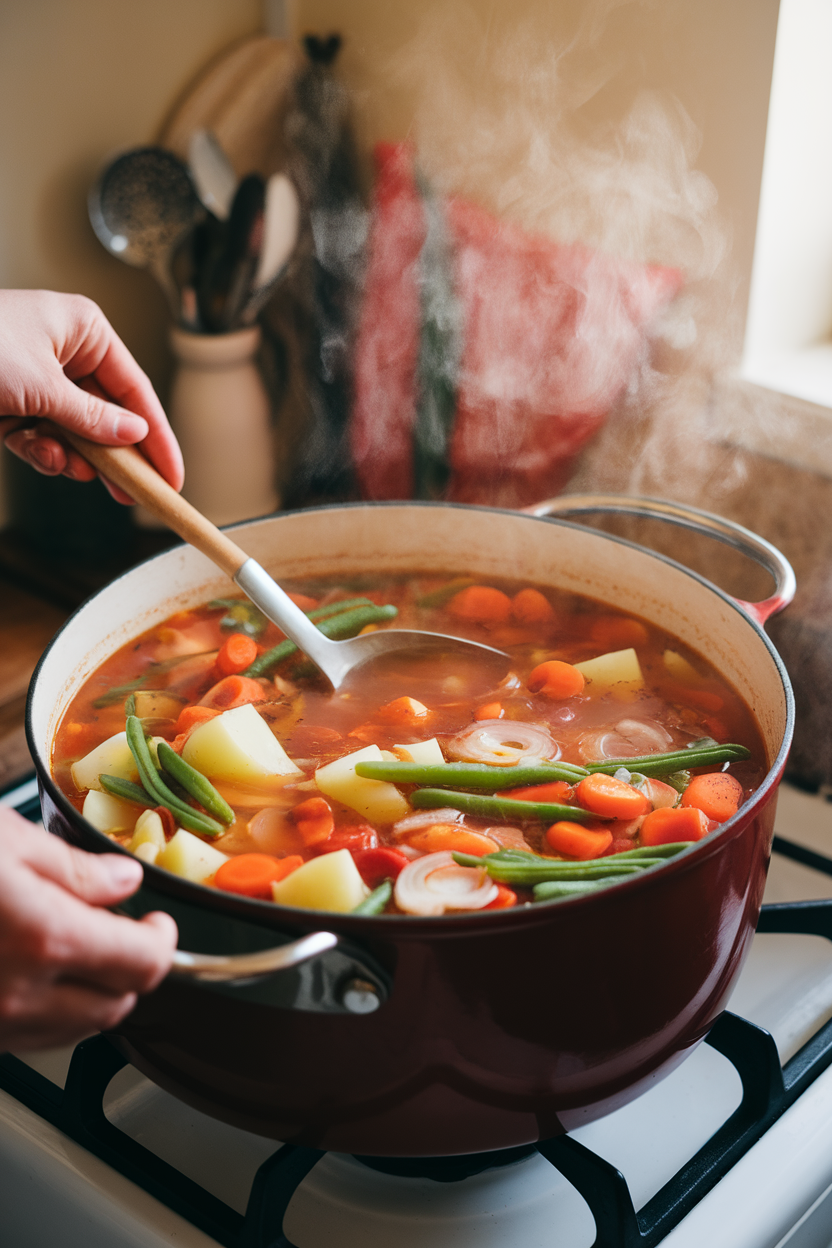 Photo of an indoor scene showing hands stirring a pot of vegetable soup on the stove, steam rising, no text or logos.