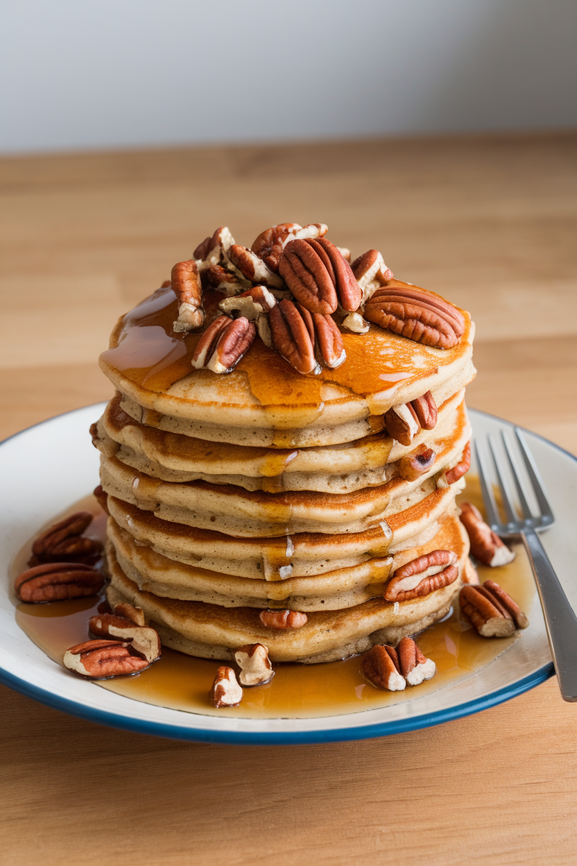 Indoor photo of pancakes embedded with toasted pecans, finished with a generous pour of maple syrup and extra chopped pecans on top; no text or logos.