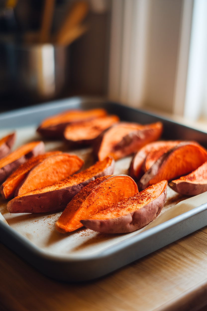An indoor oven tray lined with sweet potato wedges dusted in paprika and cumin, fresh from the oven; no text or logos.