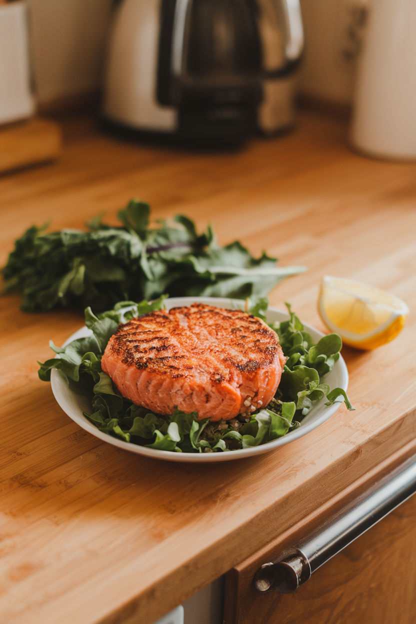 Photo of an indoor kitchen counter with a cooked salmon-quinoa patty on a bed of baby greens, lemon wedge on the side; warm overhead lighting; no text or logos; photo, not illustration