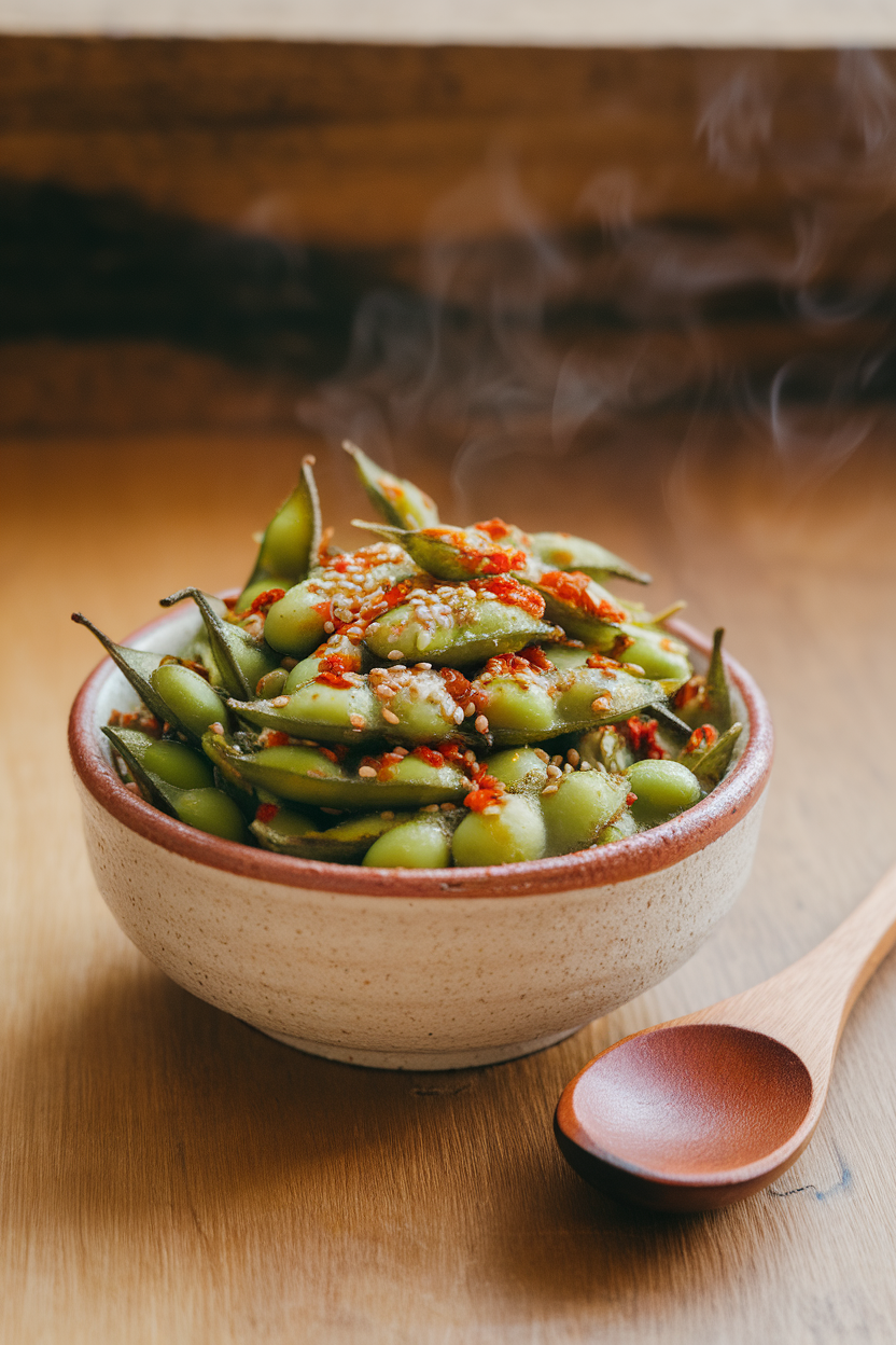 A ceramic indoor bowl of roasted edamame coated in chili flakes and sesame seeds, steam barely visible—photo, no text or logos.