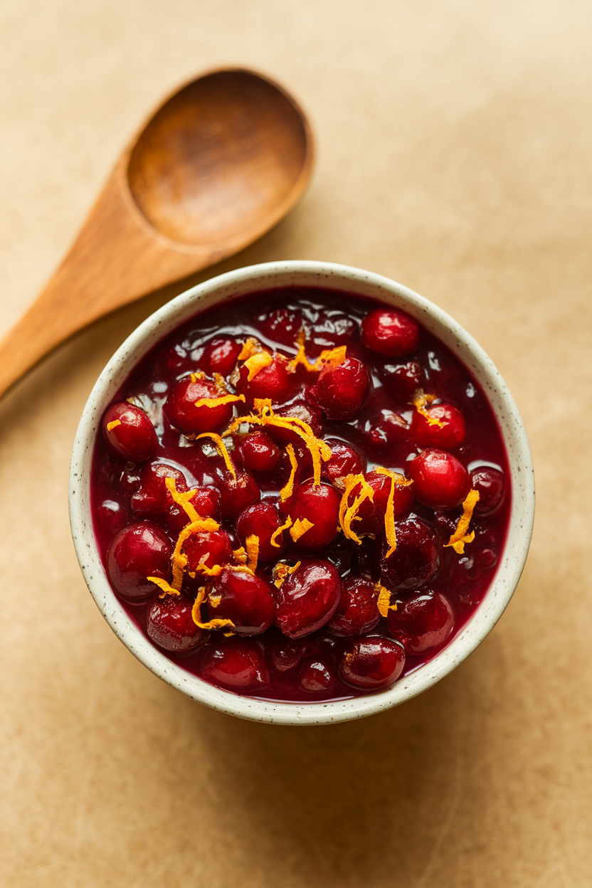 Indoor close-up of a small bowl of cooked cranberry sauce flecked with orange zest and ginger, wooden spoon beside. No text or logos.