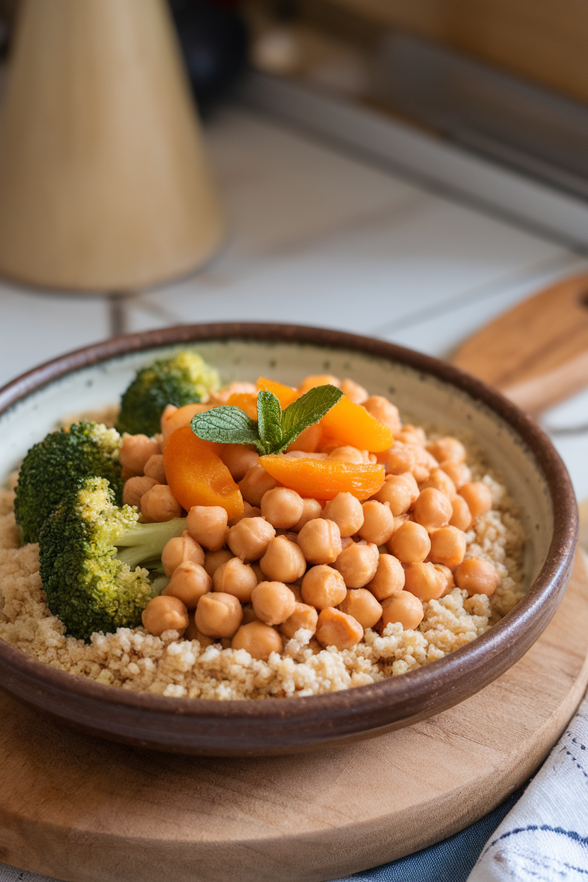 Indoor photo of chickpea tagine with apricots, whole-wheat couscous, and steamed broccoli florets on a bowl. No text or logos.