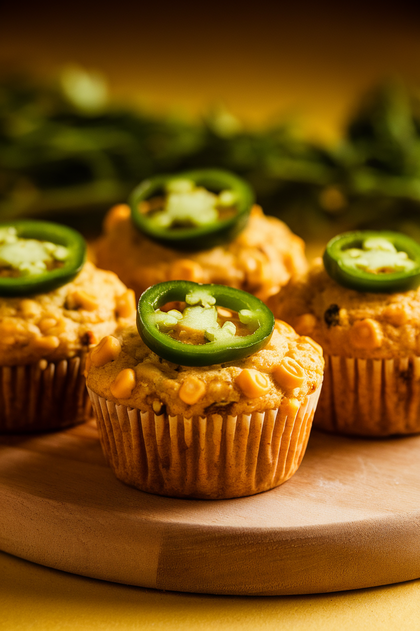 Indoor photo of corn muffins dotted with jalapeño rings on top, warm yellow tones, no text or logos