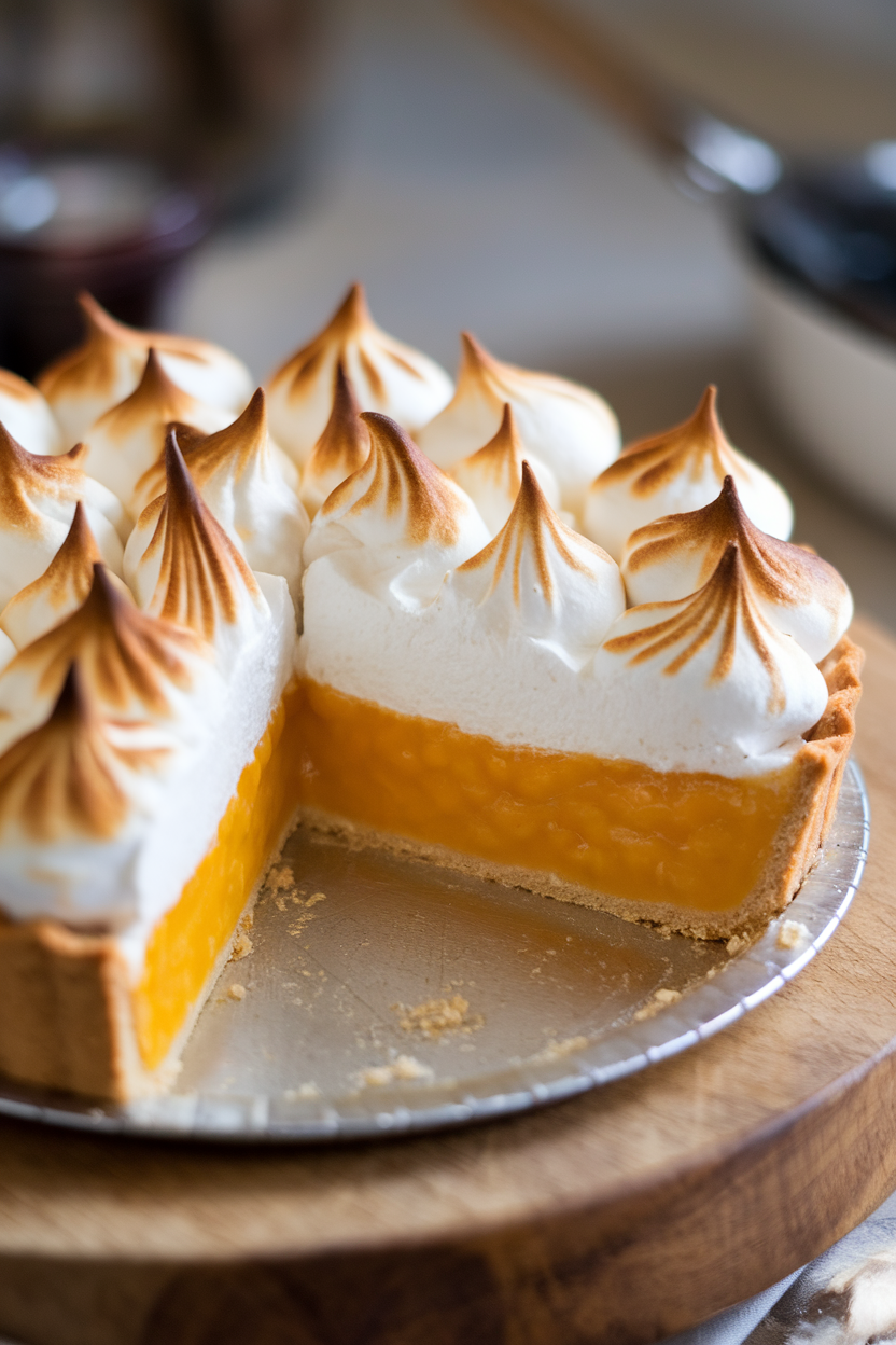 Indoor photo of a pie with glossy passion fruit curd and toasted meringue peaks, clean slice removed, no text or logos