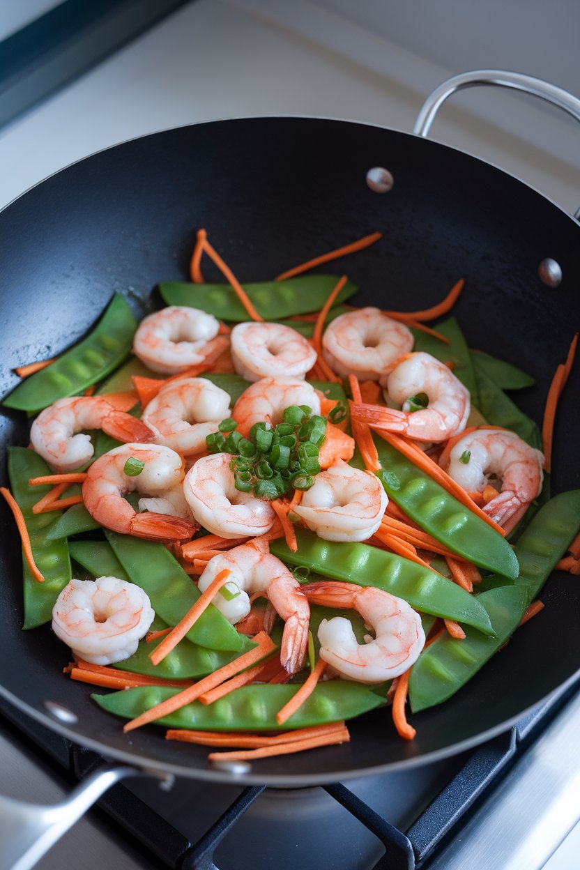 An indoor wok filled with cooked shrimp, vibrant snow peas, and julienned carrots in a light sauce. Photo, no text or logos.