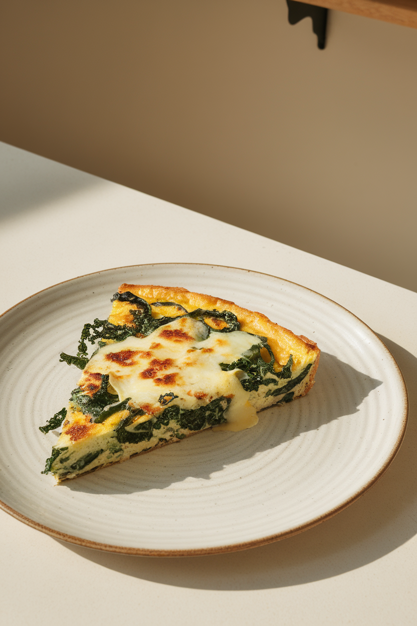 An indoor plate displaying a triangular slice of frittata with visible kale ribbons and melted goat cheese on top; no text or logos.