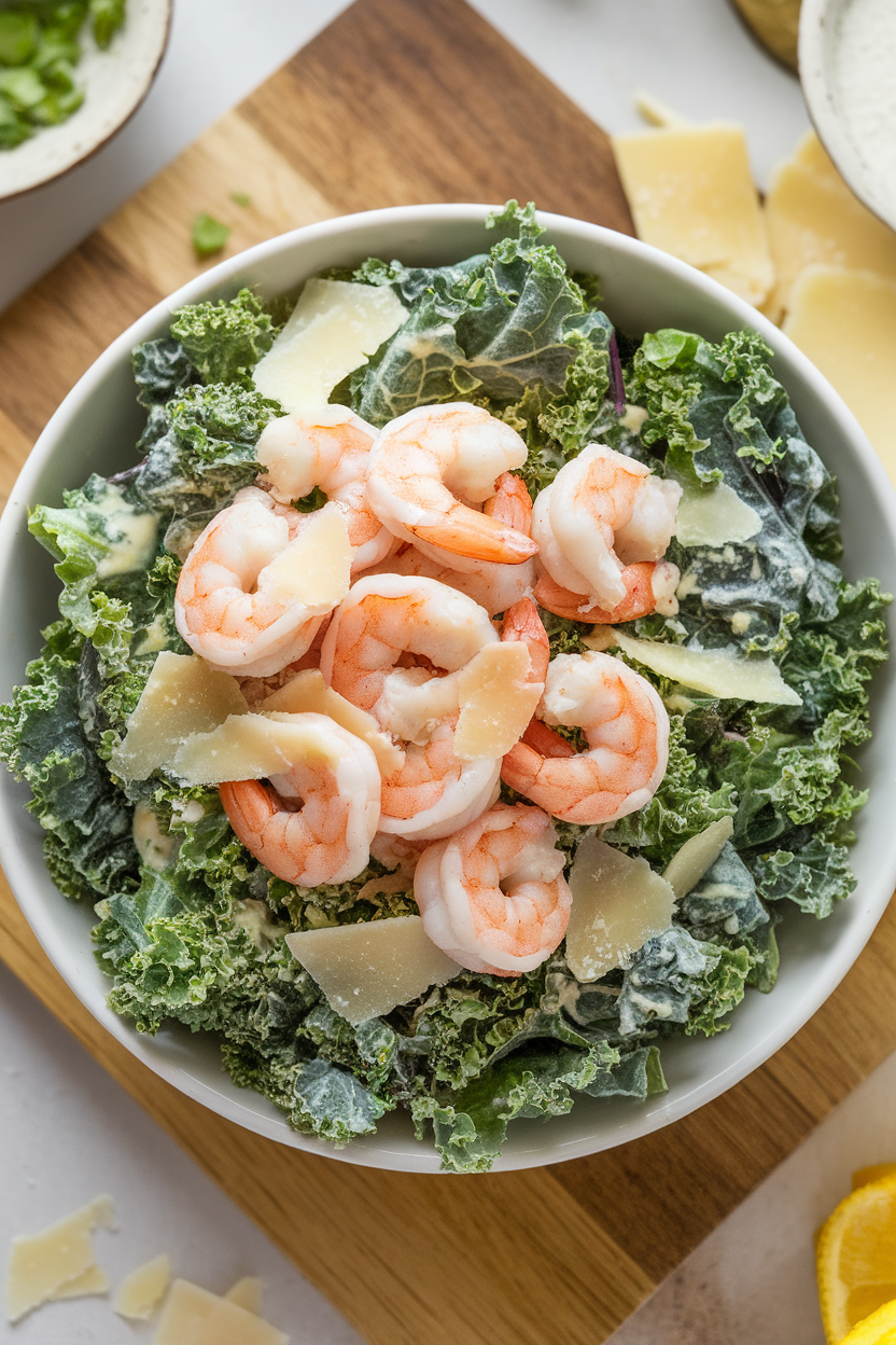 Indoor salad bowl photo of chopped kale massaged with light Caesar dressing, topped with cooked shrimp and shaved Parmesan; bright overhead light, no text or logos.